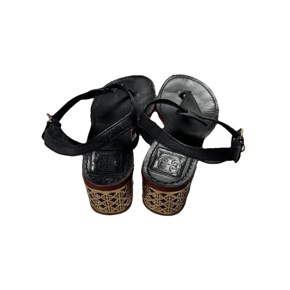 TORY BURCH Audra Gold Logo Block Heel Sandals in Black 8.5 - Picture 3 of 5